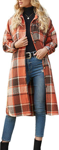 Women's Casual Wool Blend Long Plaid Shirt Jacket with Button Down and Pockets