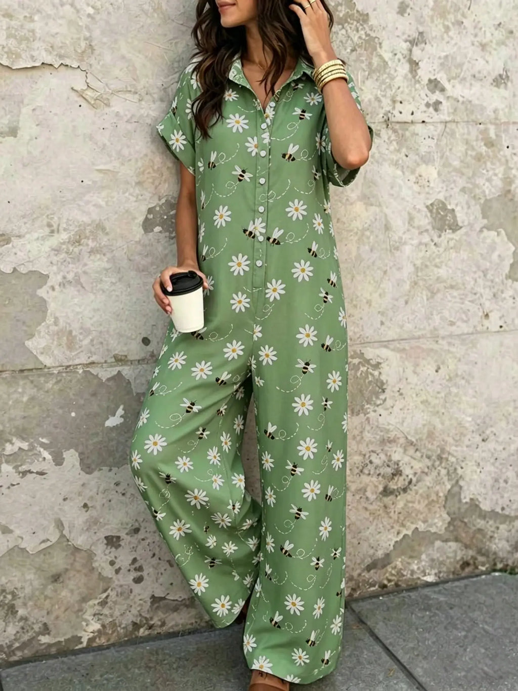 Women's Casual Loose-Fitting Button-Up Jumpsuit with Short Sleeves and Wide Leg Design for Summer
