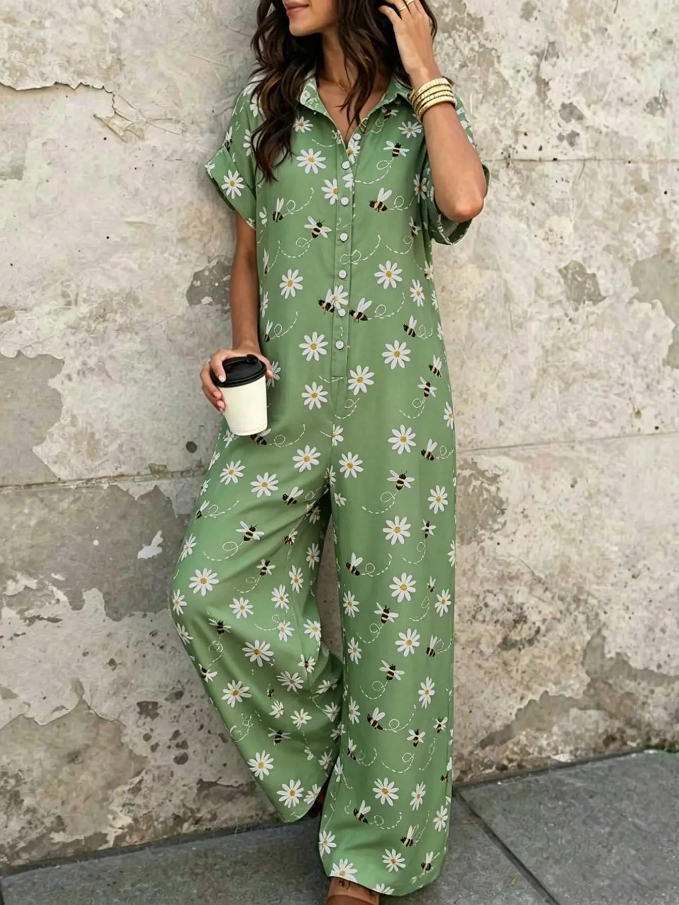 Women's Casual Loose-Fitting Button-Up Jumpsuit with Short Sleeves and Wide Leg Design for Summer