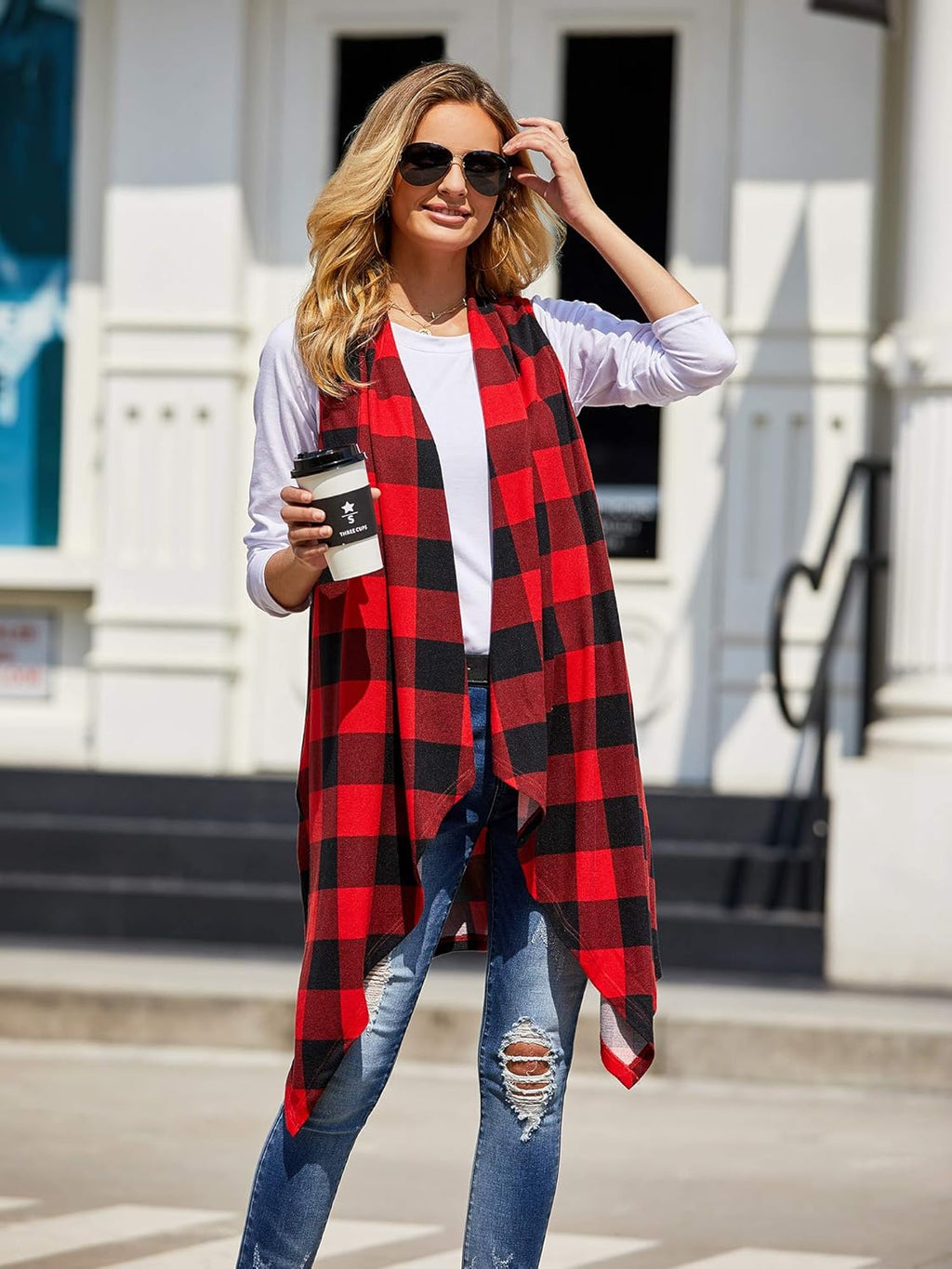 Women's Lightweight Plaid Duster Cardigan Vest with Sleeveless Design and Pockets