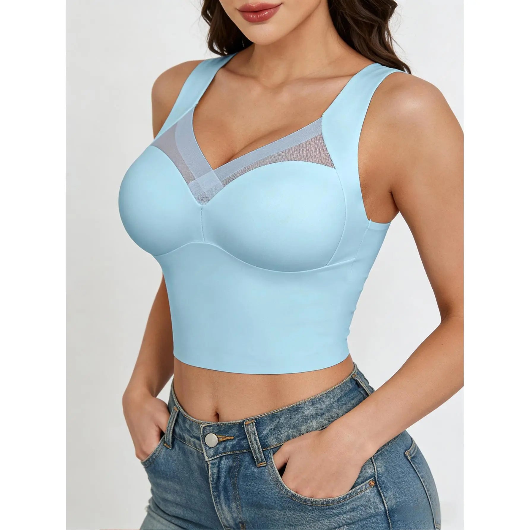 Esselegance Women's Luxury Seamless Longline Bra - Sophisticated Mesh Plunge V-Neck Wirefree Bralette - Premium Smoothing Shapewear Crop Top with Built-In Support - Elegant Wide Strap Push-Up Everyday Camisole - Invisible High-End Essentials