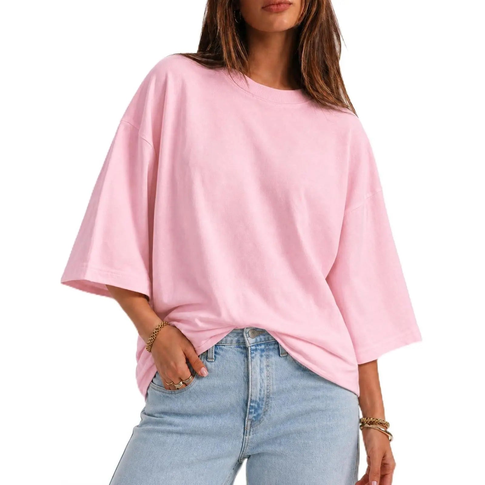 Flowyair Women's Oversized Casual T-Shirt with 3/4 Sleeves - Summer Boxy Loose Fit Crew Neck Basic Top