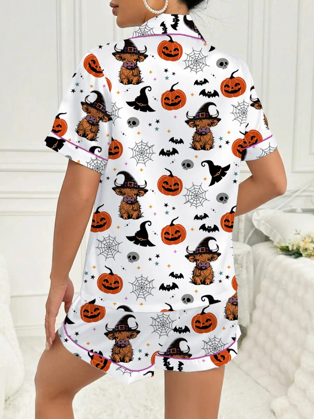 Women'S Halloween Party Pajama Set, Cute Animal Print Short Sleeve Shirt & Elastic Waist Shorts, Comfortable Casual Home Wear