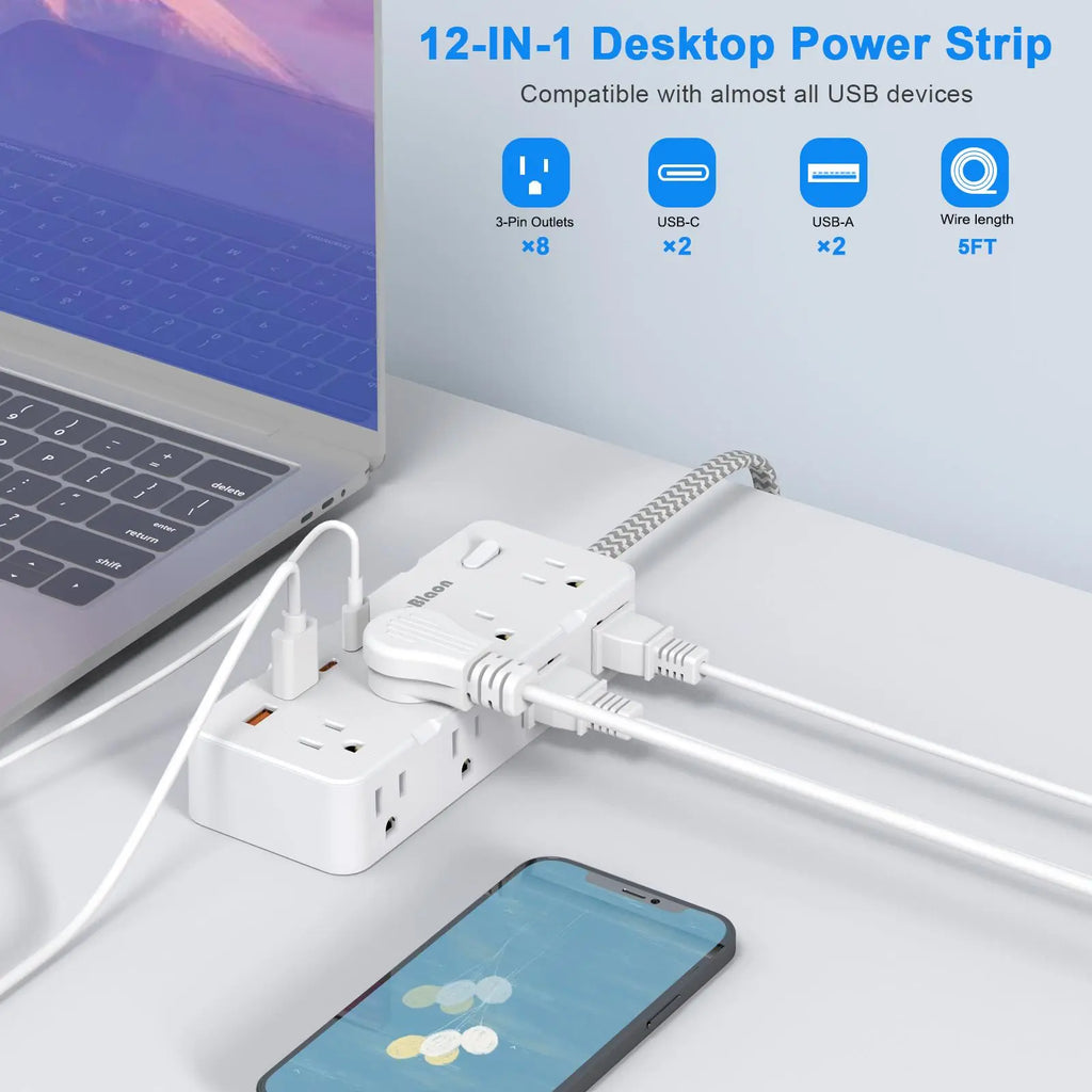 Surge Protector Power Strip with Flat Plug, 8 Outlets and 4 USB Ports (2 USB-C), 45° Ultra Thin Design, 5FT Cord, Wall Mountable for Office, Travel, and Dorm Use