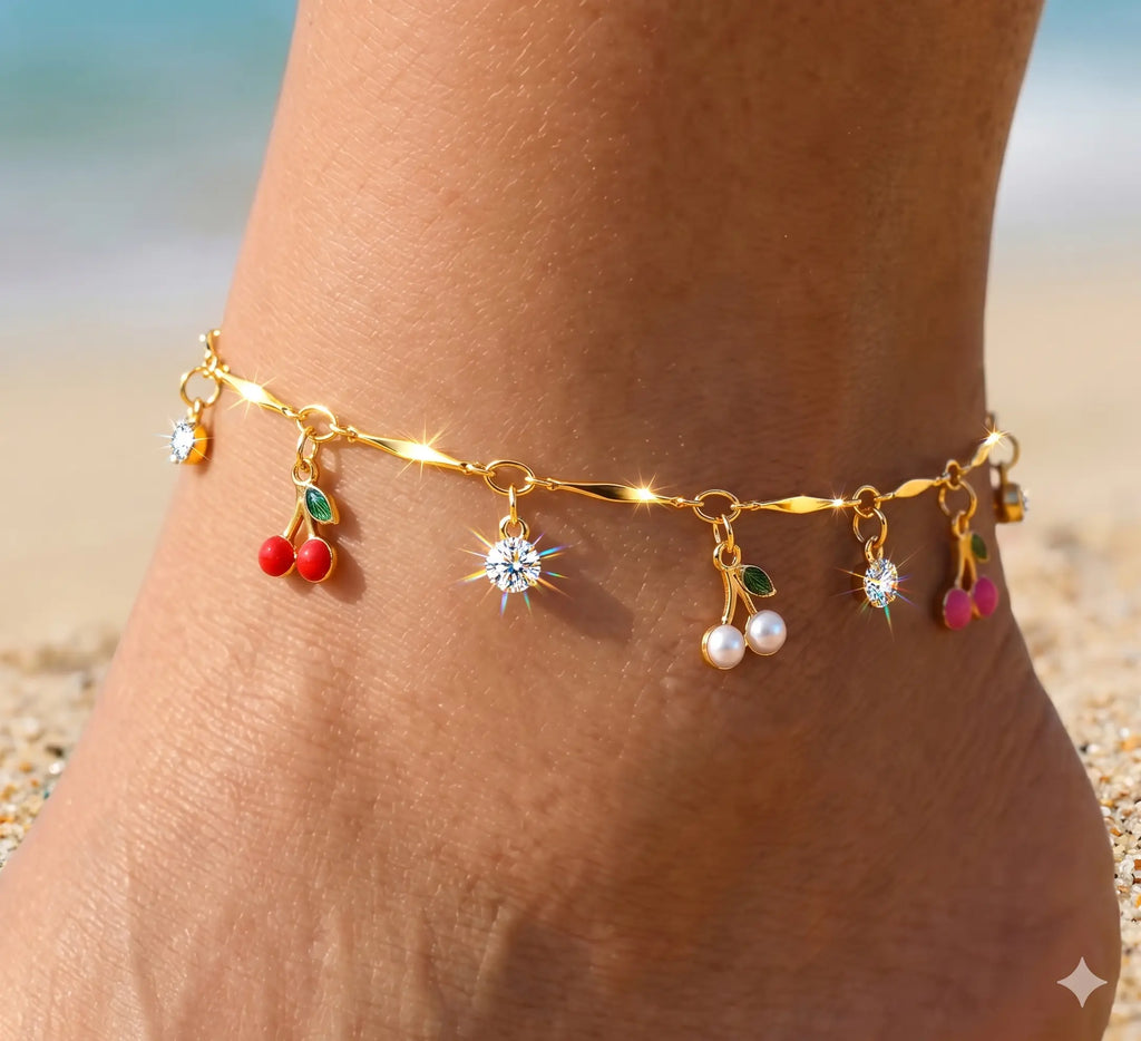 FLORIDECO Women's Adjustable Y2K Colorful Cherry Anklet - Dainty Gold Costume Jewelry for Summer Beach Wear