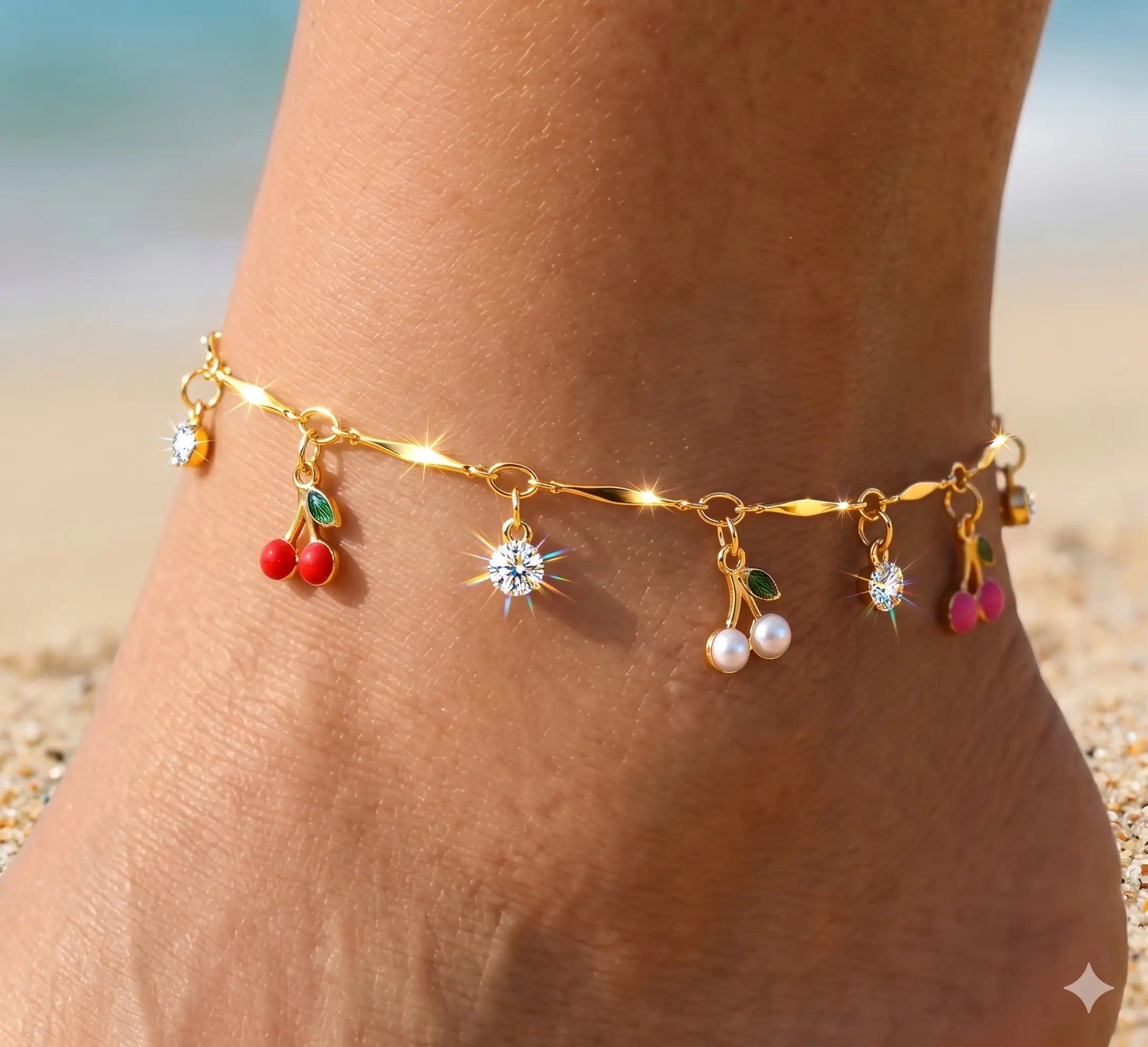 FLORIDECO Women's Adjustable Y2K Colorful Cherry Anklet - Dainty Gold Costume Jewelry for Summer Beach Wear