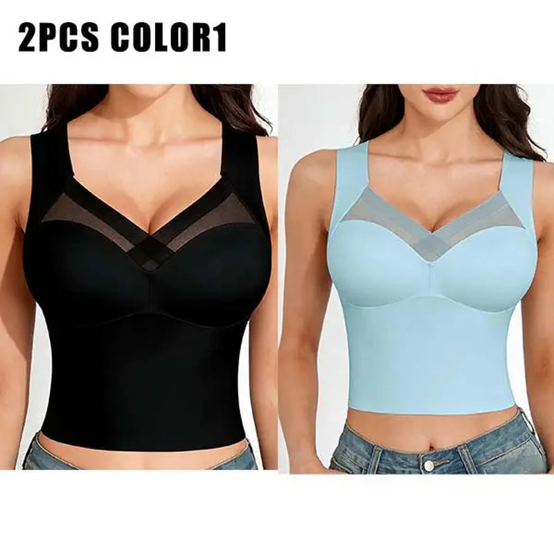 Esselegance Women's Luxury Seamless Longline Bra - Sophisticated Mesh Plunge V-Neck Wirefree Bralette - Premium Smoothing Shapewear Crop Top with Built-In Support - Elegant Wide Strap Push-Up Everyday Camisole - Invisible High-End Essentials