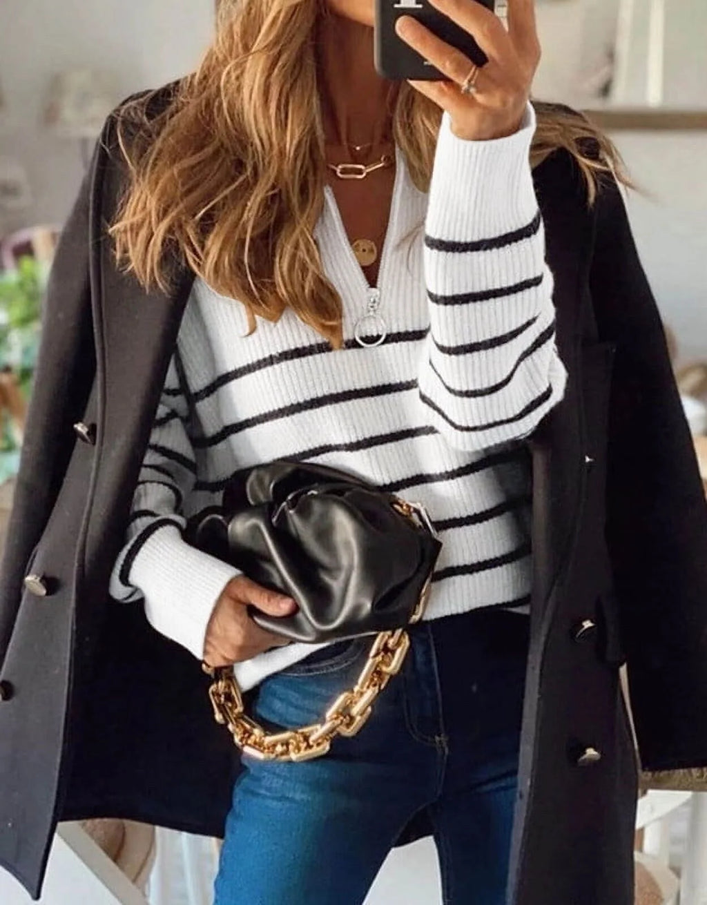 Women's Quarter Zip Striped Knitted Pullover Sweaters