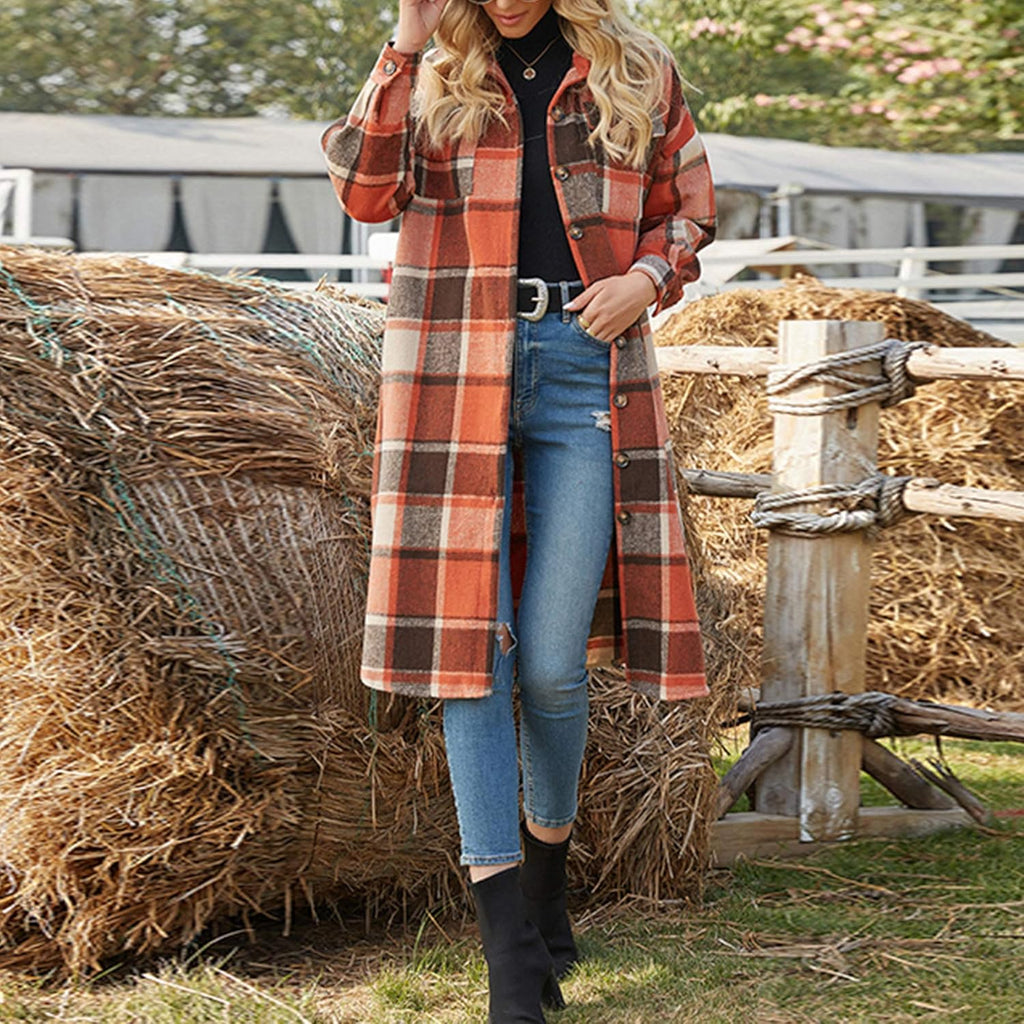 Women's Casual Wool Blend Long Plaid Shirt Jacket with Button Down and Pockets
