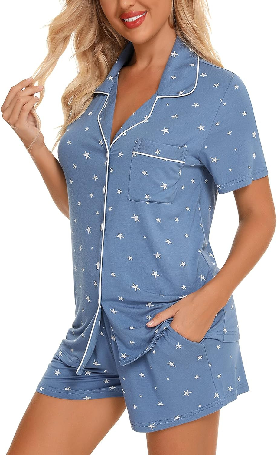 Women's Short Sleeve Pajama Set - Button Down Sleepwear with Shorts, Soft Fabric, Available in Sizes S-XXL