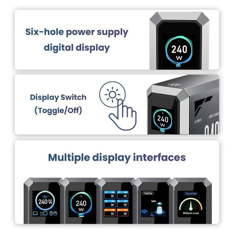 240W Digital USB-C GaN Charging Station with 6 Ports, PD 3.1 140W Fast Charger for MacBook Pro/Air, DELL Laptops, iPhone 17 Pro Max, Samsung Smartphones, and iPads, Black