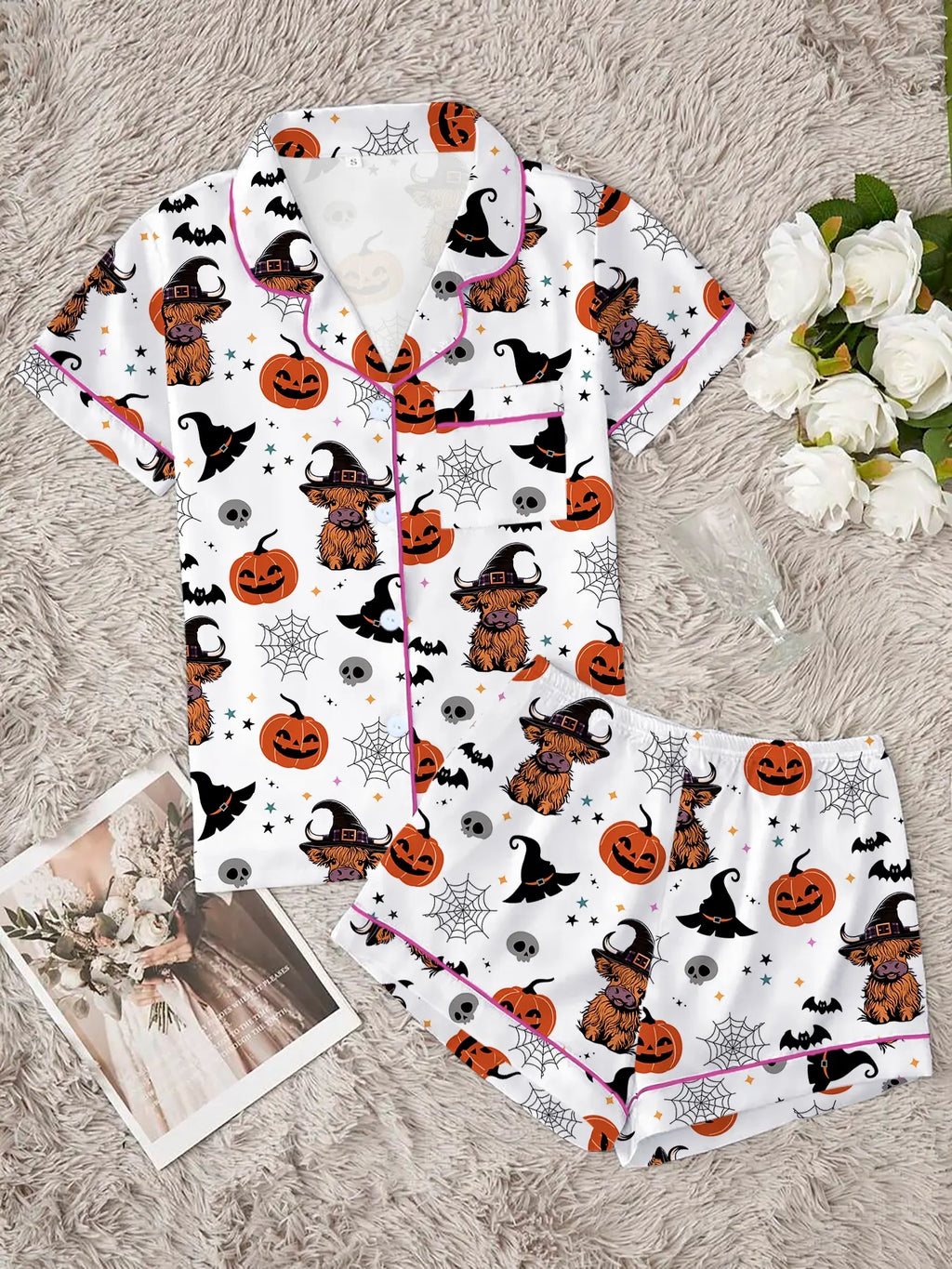 Women'S Halloween Party Pajama Set, Cute Animal Print Short Sleeve Shirt & Elastic Waist Shorts, Comfortable Casual Home Wear