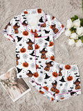 Women'S Halloween Party Pajama Set, Cute Animal Print Short Sleeve Shirt & Elastic Waist Shorts, Comfortable Casual Home Wear