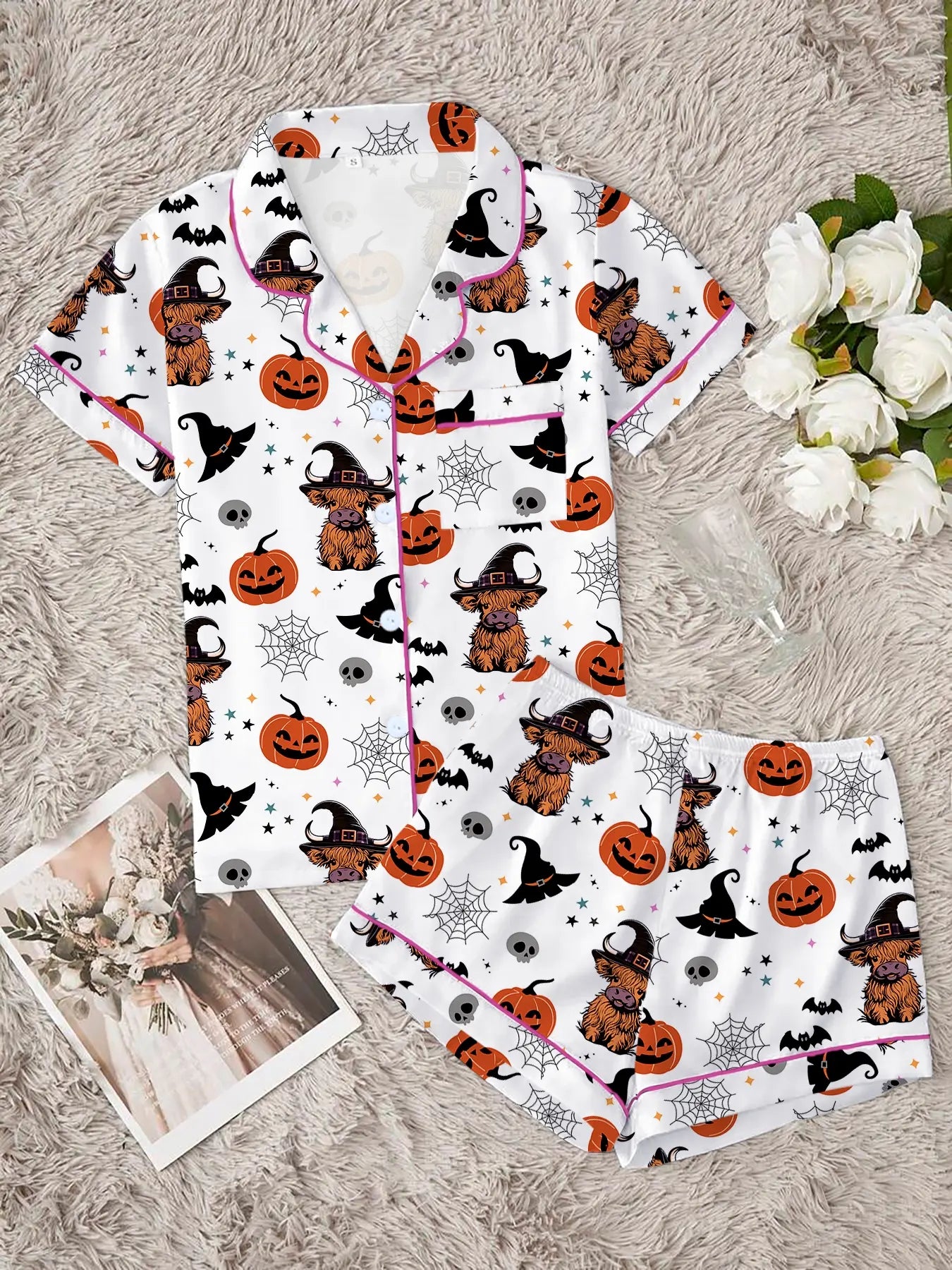 Women'S Halloween Party Pajama Set, Cute Animal Print Short Sleeve Shirt & Elastic Waist Shorts, Comfortable Casual Home Wear