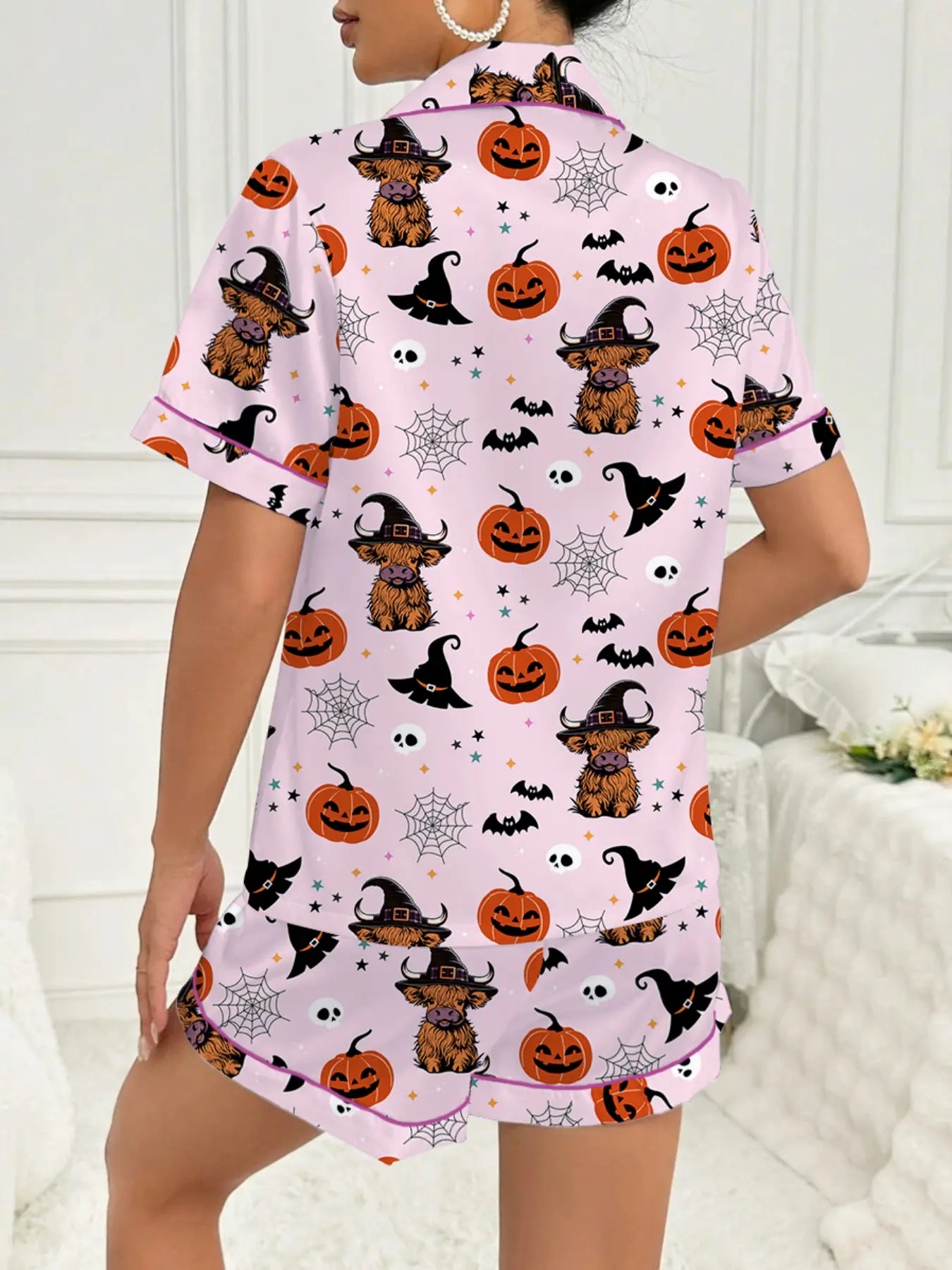 Women'S Halloween Party Pajama Set, Cute Animal Print Short Sleeve Shirt & Elastic Waist Shorts, Comfortable Casual Home Wear