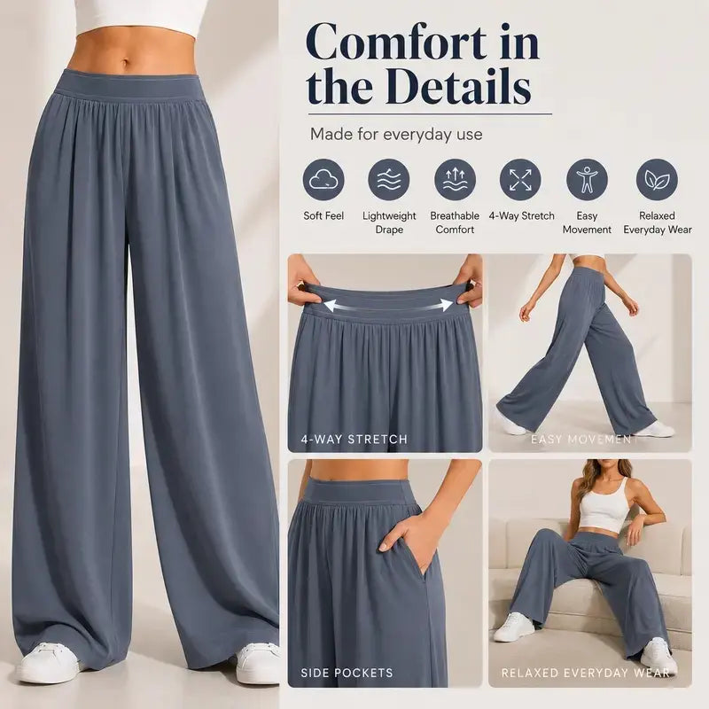 Women's High-Waisted Wide-Leg Lounge Sweatpants with Pockets - Lightweight Stretch Fabric and Elastic Waistband for Comfortable Casual Wear, Yoga, and Travel