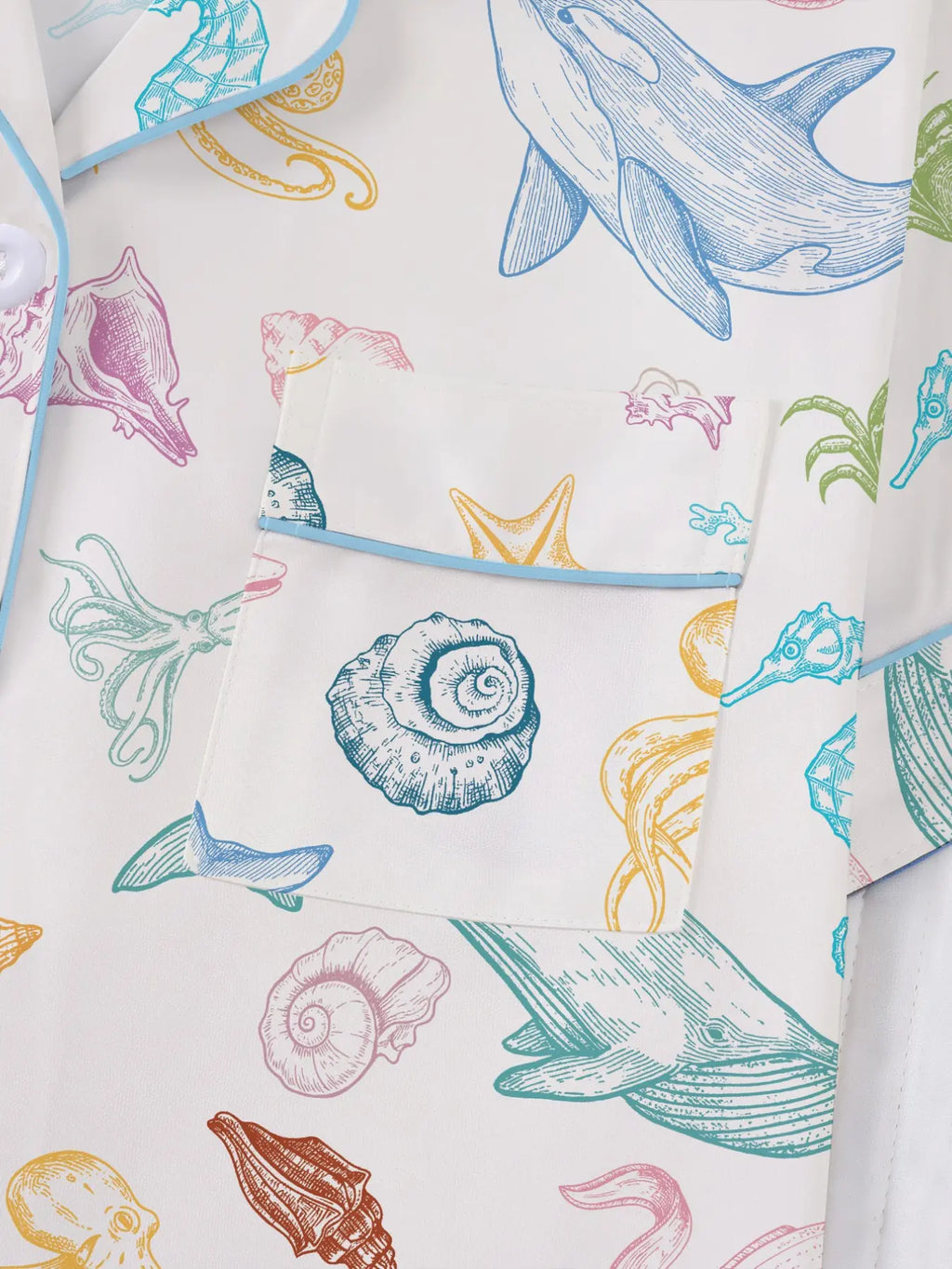 Women's Ocean-Themed Pajama Set: Short Sleeve Button-Up Shirt and Elastic Waist Shorts, Comfortable Casual Sleepwear for Year-Round Wear