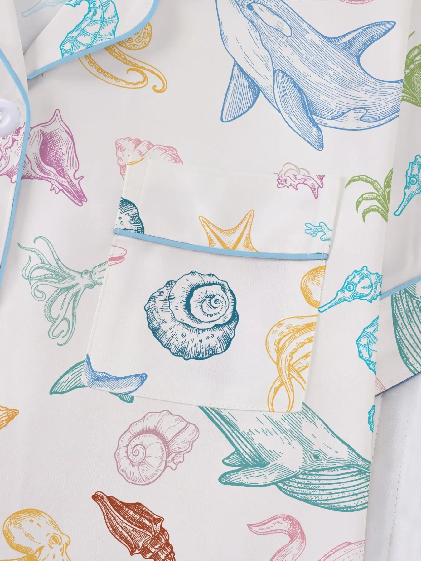Women's Ocean-Themed Pajama Set: Short Sleeve Button-Up Shirt and Elastic Waist Shorts, Comfortable Casual Sleepwear for Year-Round Wear