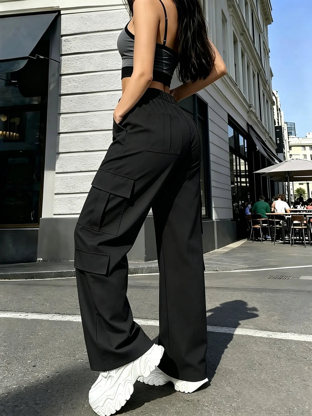 Women's Mid-Rise Cargo Straight-Leg Pants with Elastic Waistband and Large Side Pockets, Versatile Drapey Fabric for Casual Summer Style