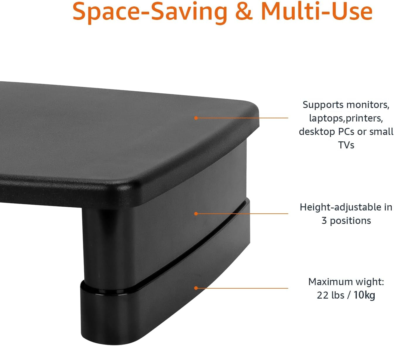 Height Adjustable Monitor Stand with Storage Organizer, 3-Level Stackable Design, Durable ABS Plastic, Supports up to 22 lbs, Suitable for Monitors and Laptops, Black