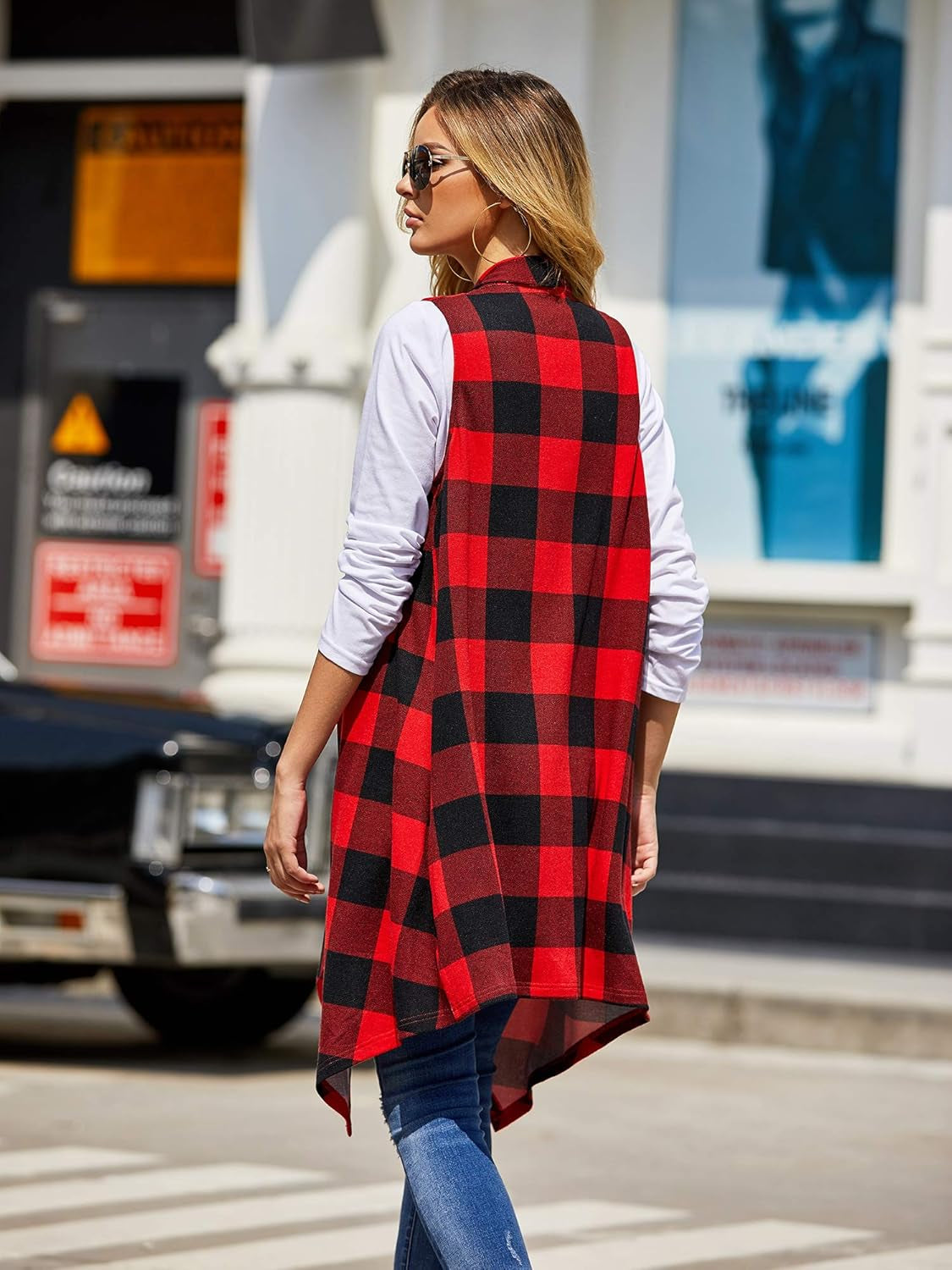 Women's Lightweight Plaid Duster Cardigan Vest with Sleeveless Design and Pockets
