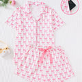 Women's 2-Piece Bow-Patterned Short-Sleeve Pajama Set with Button-Down Top and Coordinating Shorts for All-Season Comfort