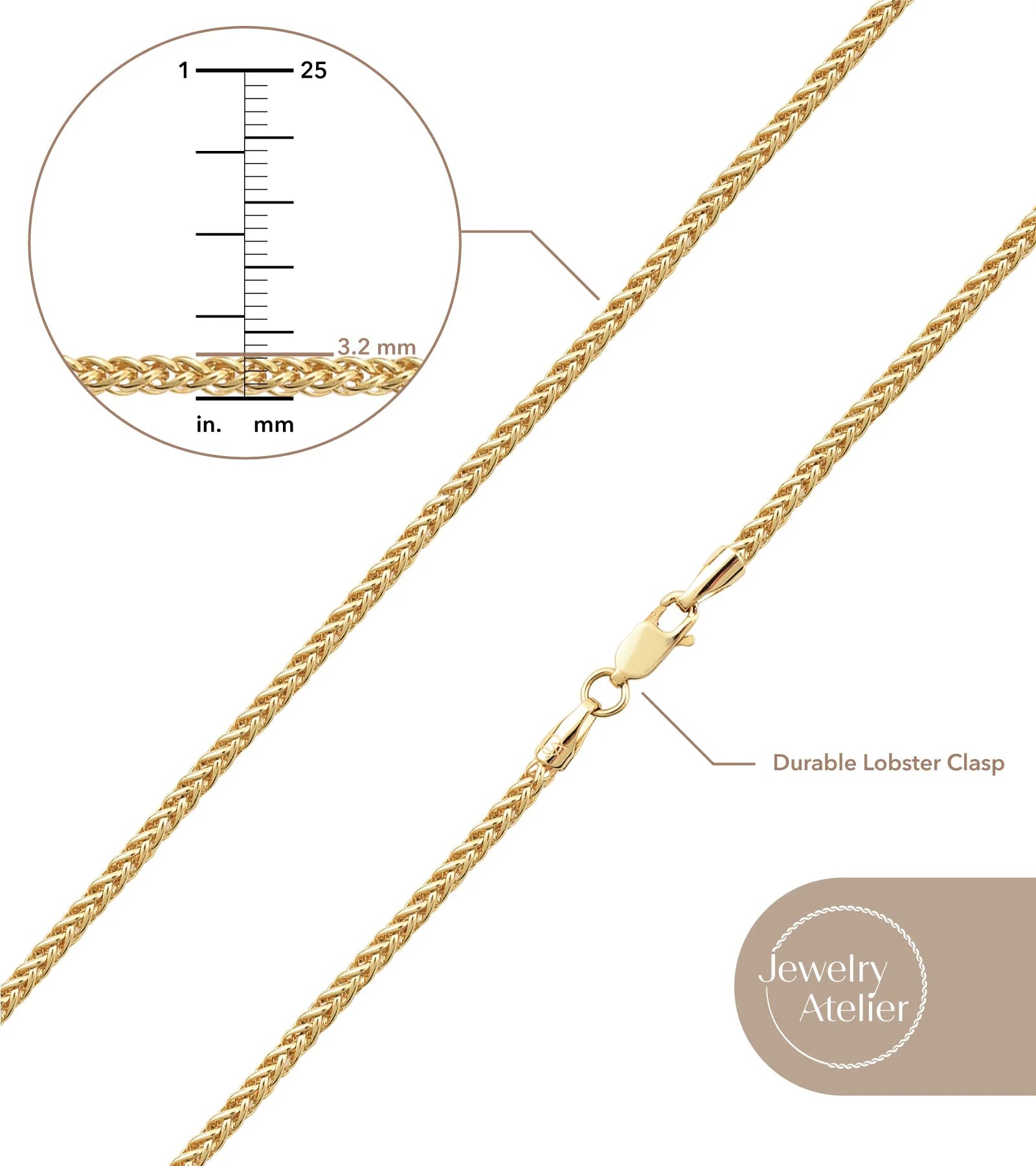 Gold Chain Necklace Collection - 14K Solid Yellow Gold Filled Round Wheat and Palm Chain Necklaces for Men and Women in Various Sizes (2.5mm and 3.2mm)