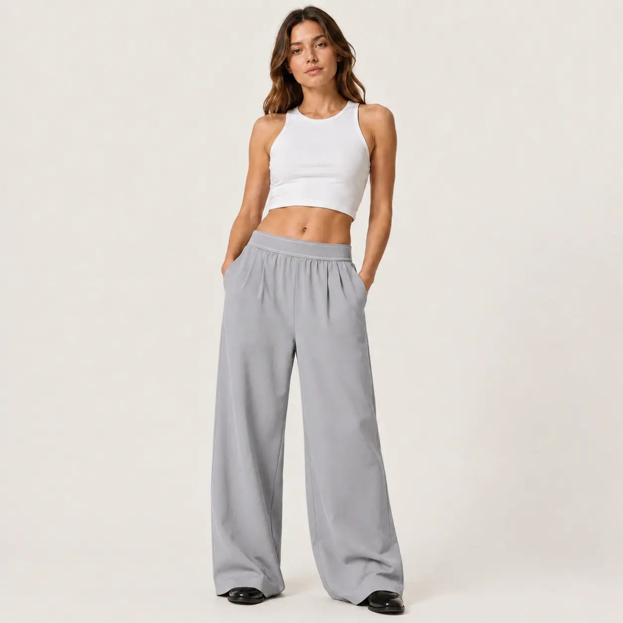 Women's High-Waisted Wide-Leg Lounge Sweatpants with Pockets - Lightweight Stretch Fabric and Elastic Waistband for Comfortable Casual Wear, Yoga, and Travel
