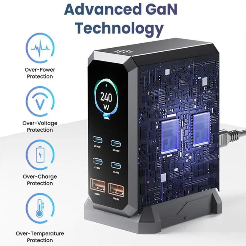 240W Digital USB-C GaN Charging Station with 6 Ports, PD 3.1 140W Fast Charger for MacBook Pro/Air, DELL Laptops, iPhone 17 Pro Max, Samsung Smartphones, and iPads, Black