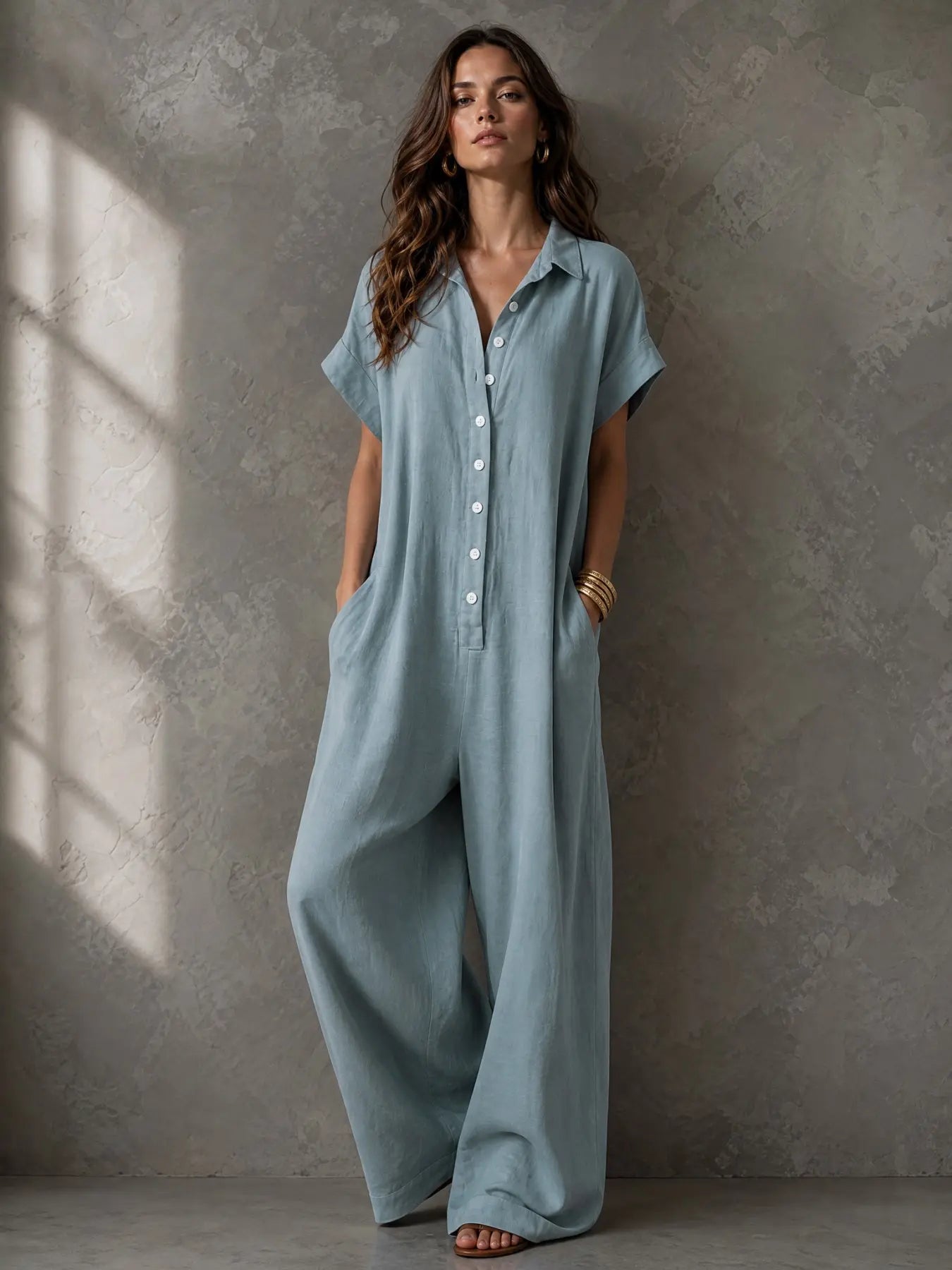 Women's Casual Loose-Fitting Button-Up Jumpsuit with Short Sleeves and Wide Leg Design for Summer
