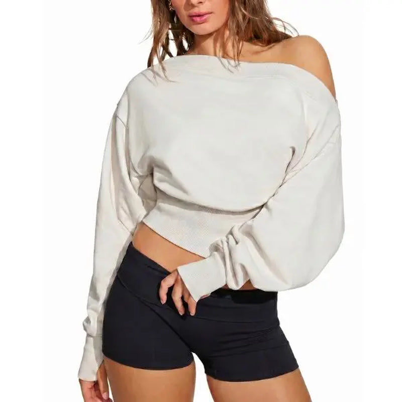 Fisoew Women's Autumn/Winter Solid Color Off-Shoulder Sweatshirt - Versatile Elastic Top for Casual Daily Wear and Back-to-School Street Style