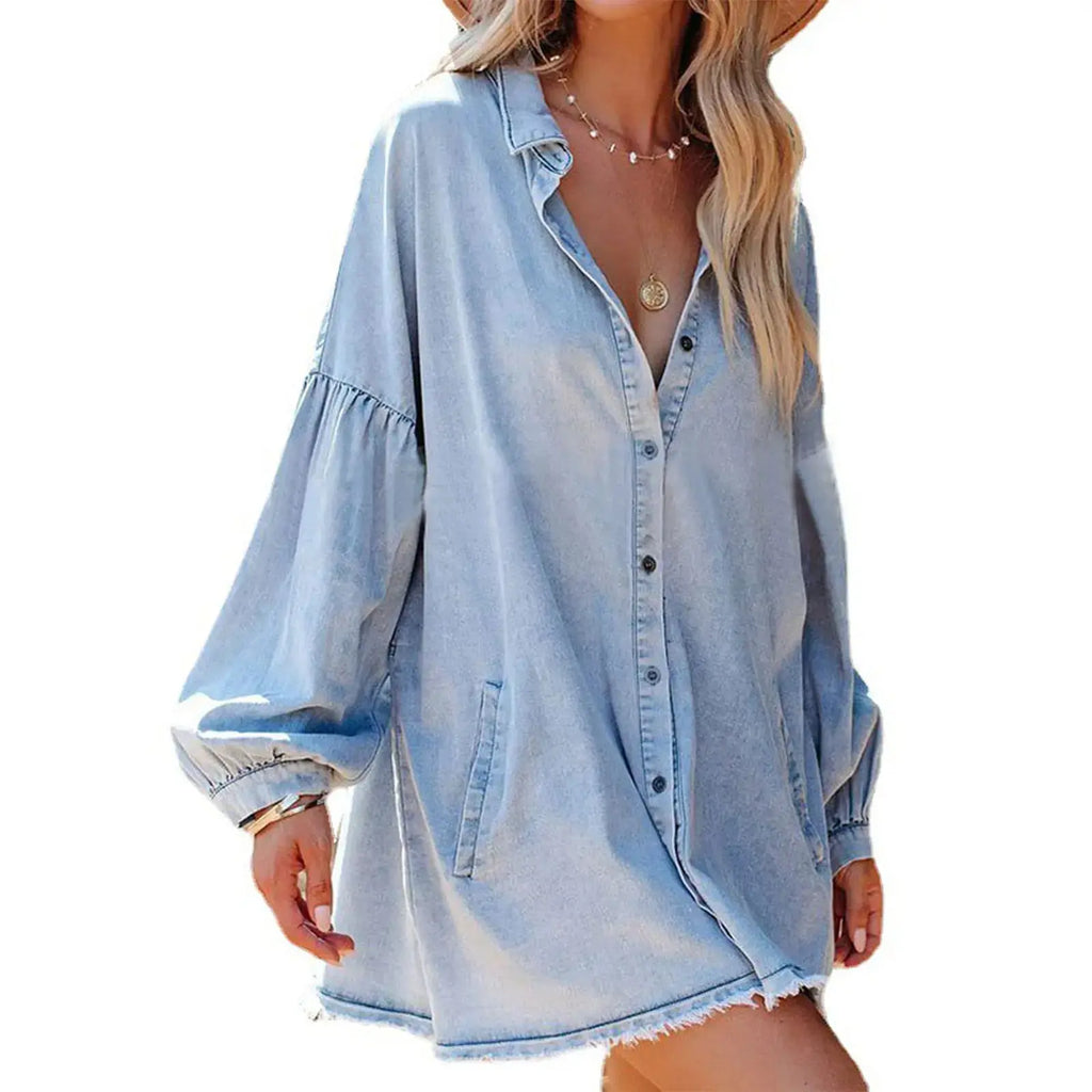 Ebossy Women's Oversized Distressed Denim Button-Down Tunic Dress with Pockets