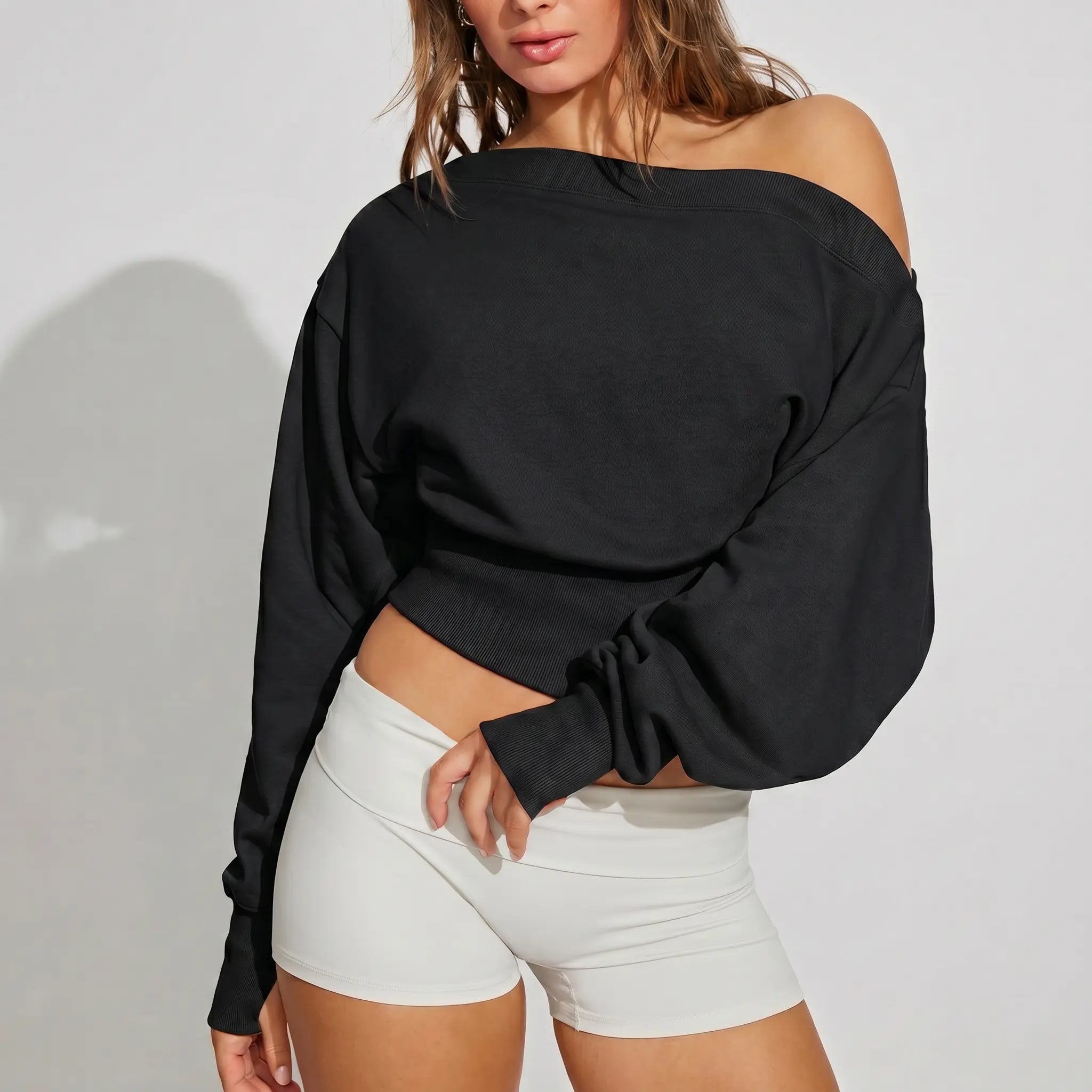 Fisoew Women's Autumn/Winter Solid Color Off-Shoulder Sweatshirt - Versatile Elastic Top for Casual Daily Wear and Back-to-School Street Style