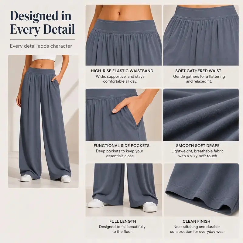 Women's High-Waisted Wide-Leg Lounge Sweatpants with Pockets - Lightweight Stretch Fabric and Elastic Waistband for Comfortable Casual Wear, Yoga, and Travel