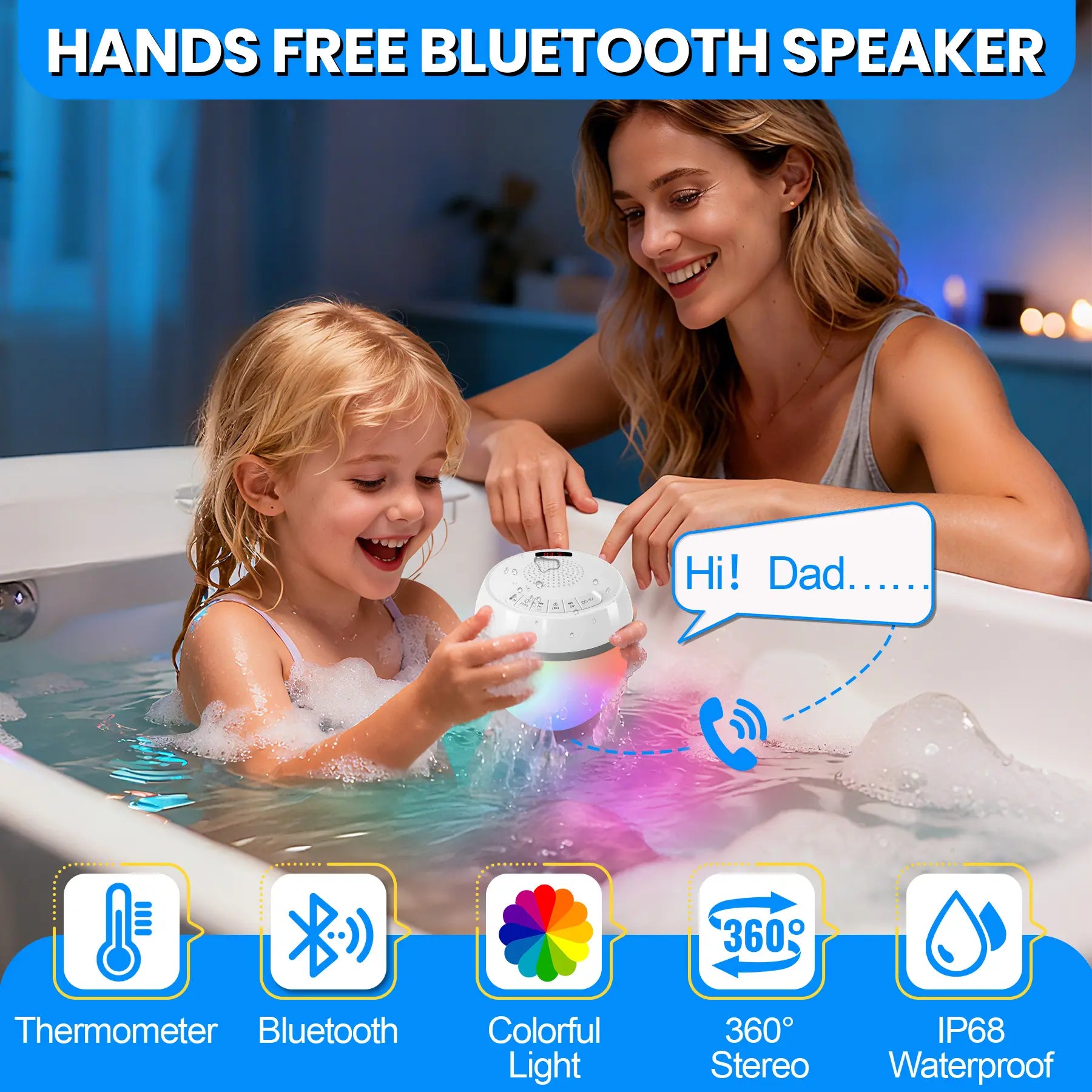 3-in-1 Floating Pool Speaker with Digital Water Thermometer, IP68 Waterproof TWS Technology, and Color LED Lights for Pool, Hot Tub, and Spa - White