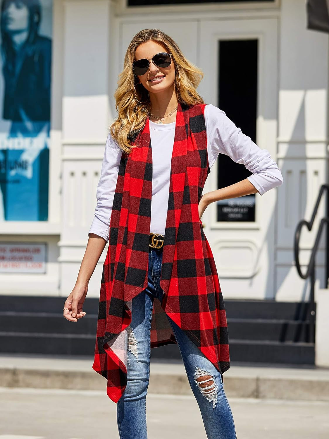 Women's Lightweight Plaid Duster Cardigan Vest with Sleeveless Design and Pockets