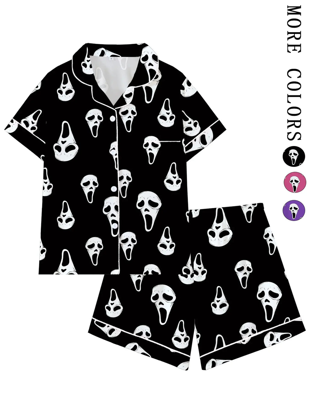Y2K-Inspired Horror Mask Pajama Set, Ghost Print Sleepwear, Soft Short Sleeve Button-Up Home Attire, Fun Halloween 2-Piece Ensemble, Dark Aesthetic