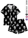 Y2K-Inspired Horror Mask Pajama Set, Ghost Print Sleepwear, Soft Short Sleeve Button-Up Home Attire, Fun Halloween 2-Piece Ensemble, Dark Aesthetic