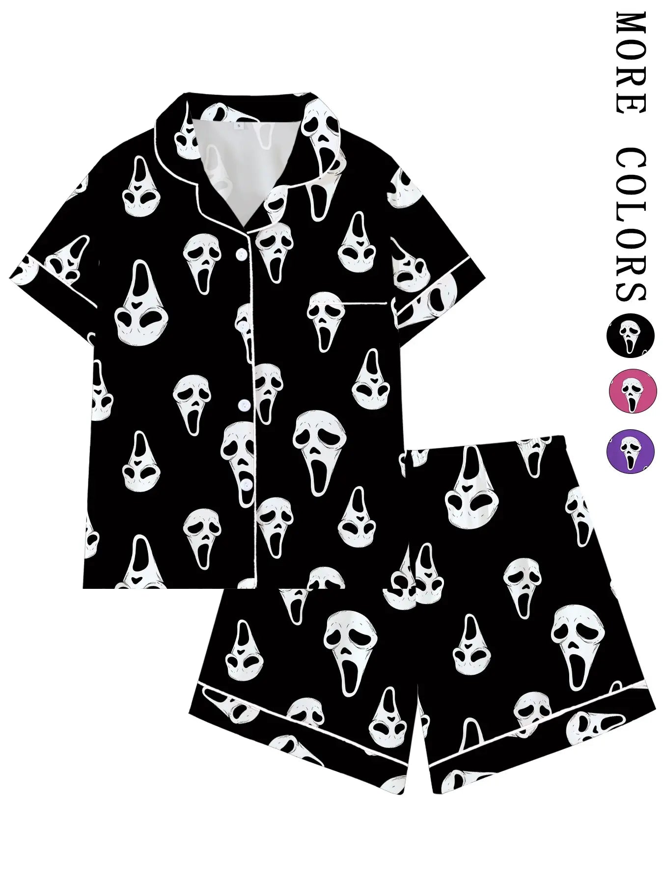 Y2K-Inspired Horror Mask Pajama Set, Ghost Print Sleepwear, Soft Short Sleeve Button-Up Home Attire, Fun Halloween 2-Piece Ensemble, Dark Aesthetic