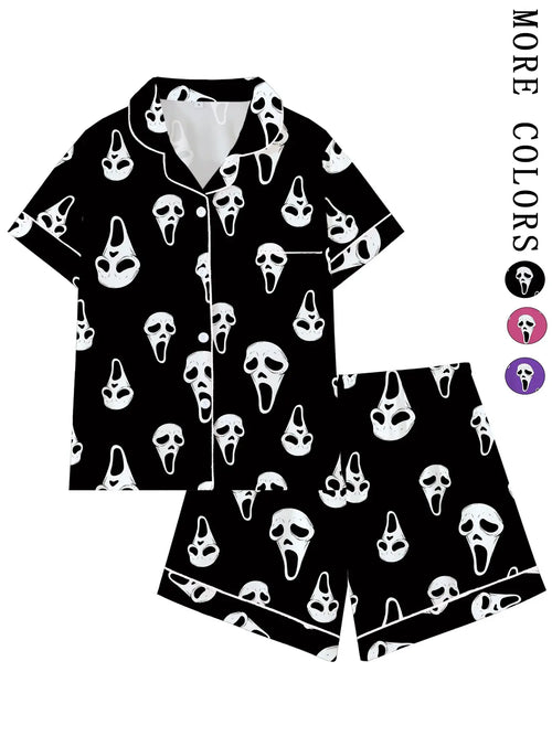 Y2K-Inspired Horror Mask Pajama Set, Ghost Print Sleepwear, Soft Short Sleeve Button-Up Home Attire, Fun Halloween 2-Piece Ensemble, Dark Aesthetic