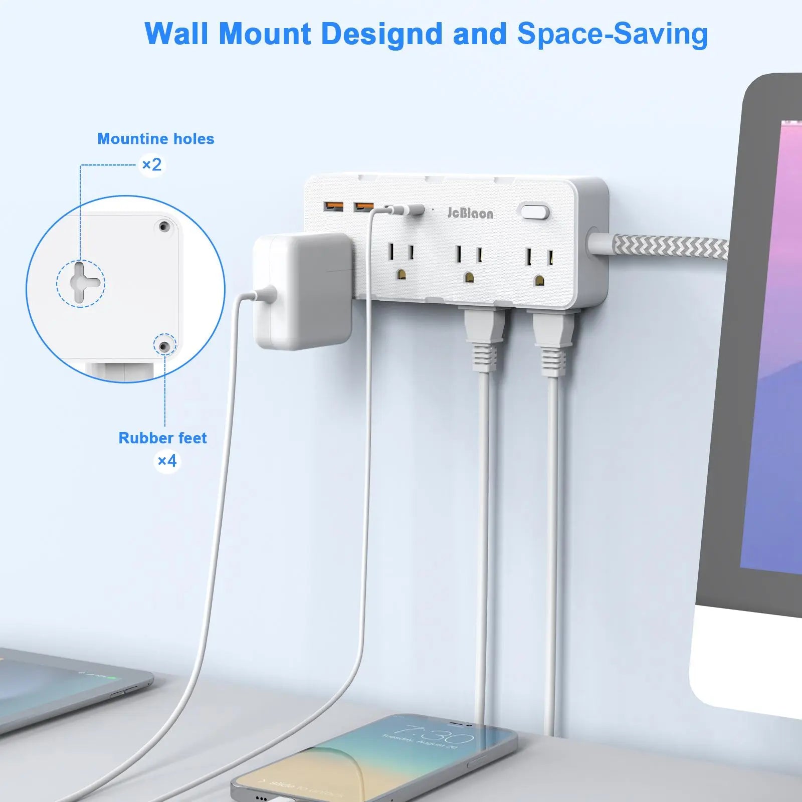 Surge Protector Power Strip with Flat Plug, 8 Outlets and 4 USB Ports (2 USB-C), 45° Ultra Thin Design, 5FT Cord, Wall Mountable for Office, Travel, and Dorm Use