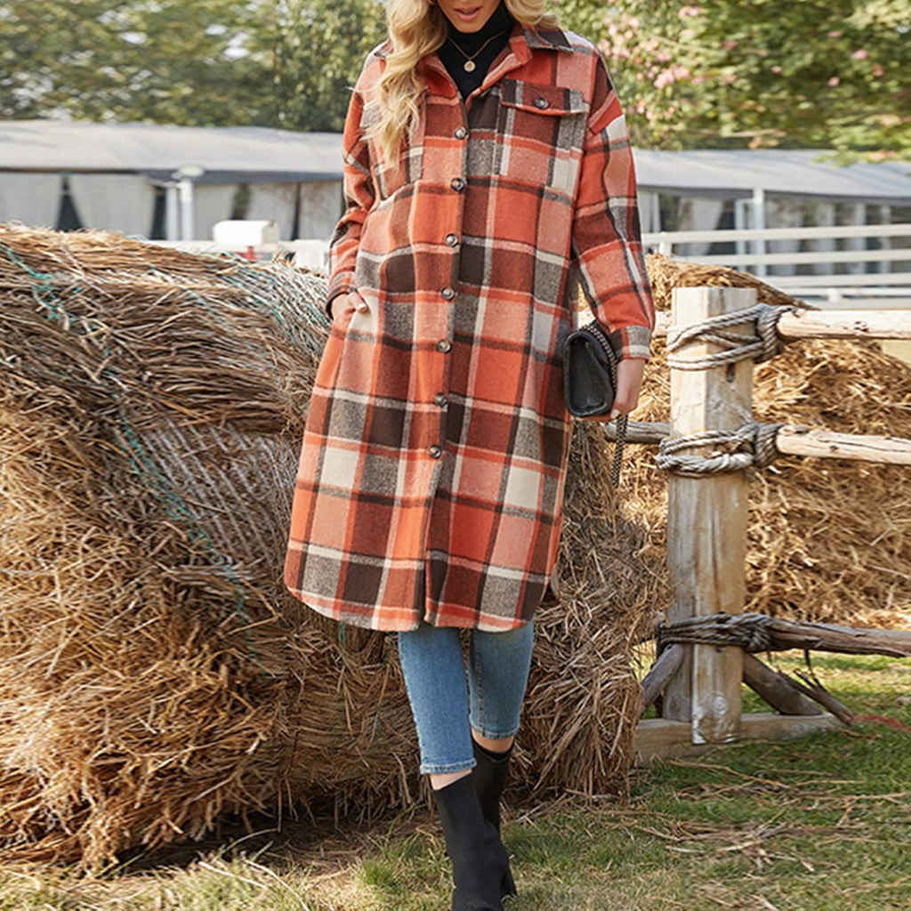Women's Casual Wool Blend Long Plaid Shirt Jacket with Button Down and Pockets