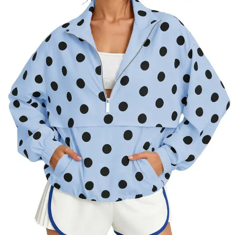Fisoew Women's Oversized Polka Dot Half-Zip Pullover Jacket - Lightweight Windbreaker Sweatshirt for Casual Fall Streetwear