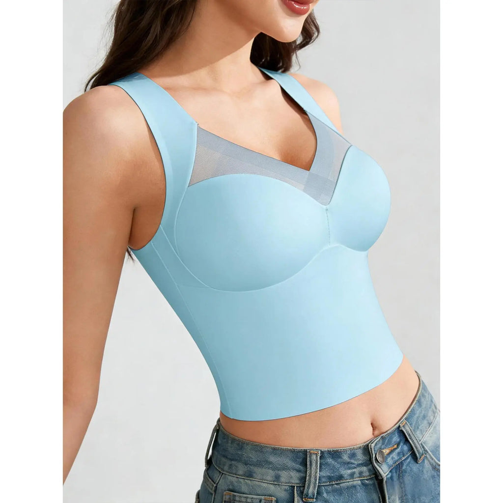 Esselegance Women's Luxury Seamless Longline Bra - Sophisticated Mesh Plunge V-Neck Wirefree Bralette - Premium Smoothing Shapewear Crop Top with Built-In Support - Elegant Wide Strap Push-Up Everyday Camisole - Invisible High-End Essentials