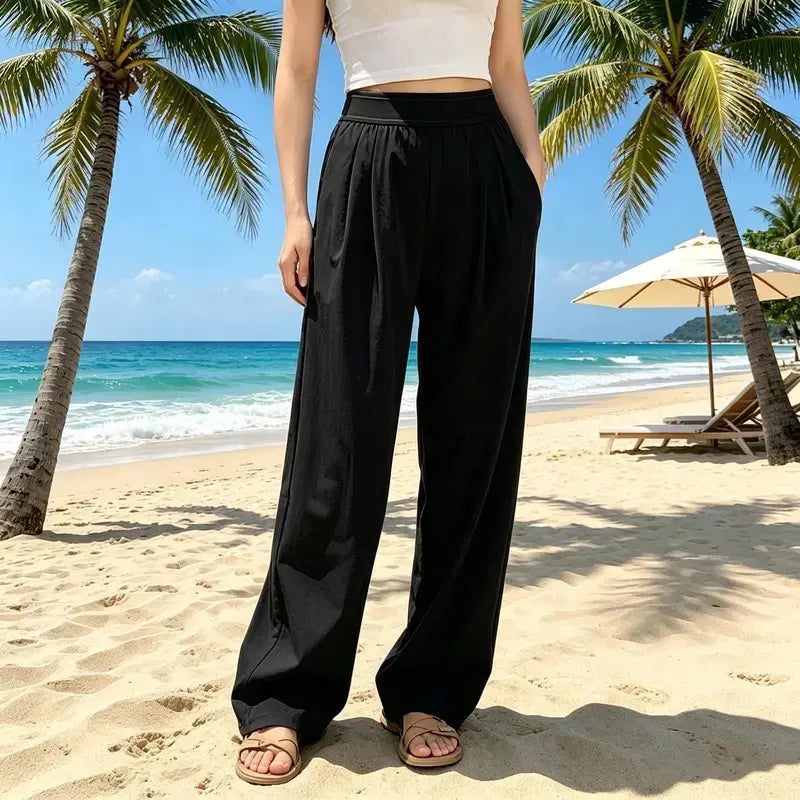 Women's High-Waisted Wide-Leg Lounge Sweatpants with Pockets - Lightweight Stretch Fabric and Elastic Waistband for Comfortable Casual Wear, Yoga, and Travel