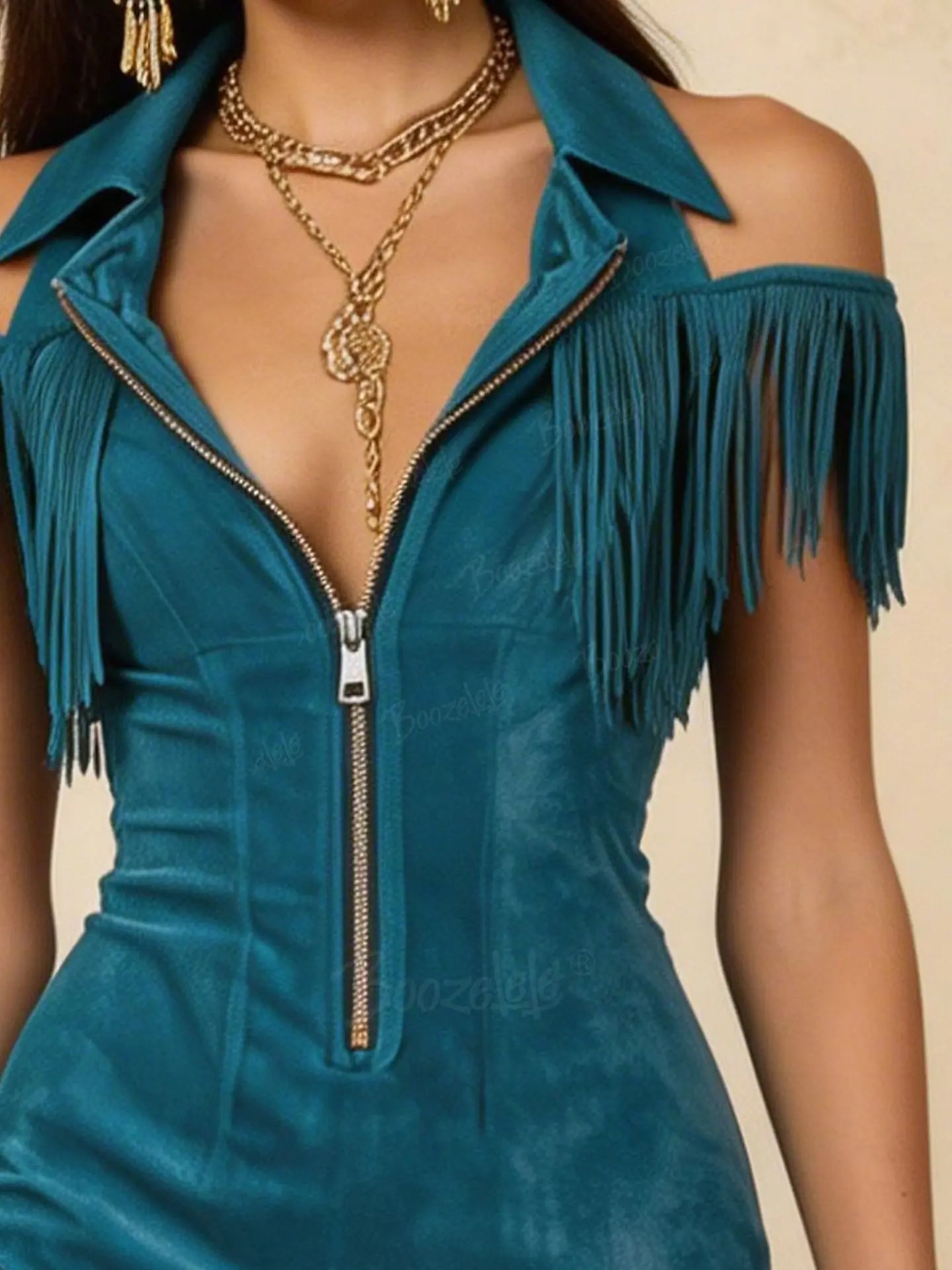 Women's Western-Inspired Lapel Zipper Tassel Slim-Fit Casual Mini Dress