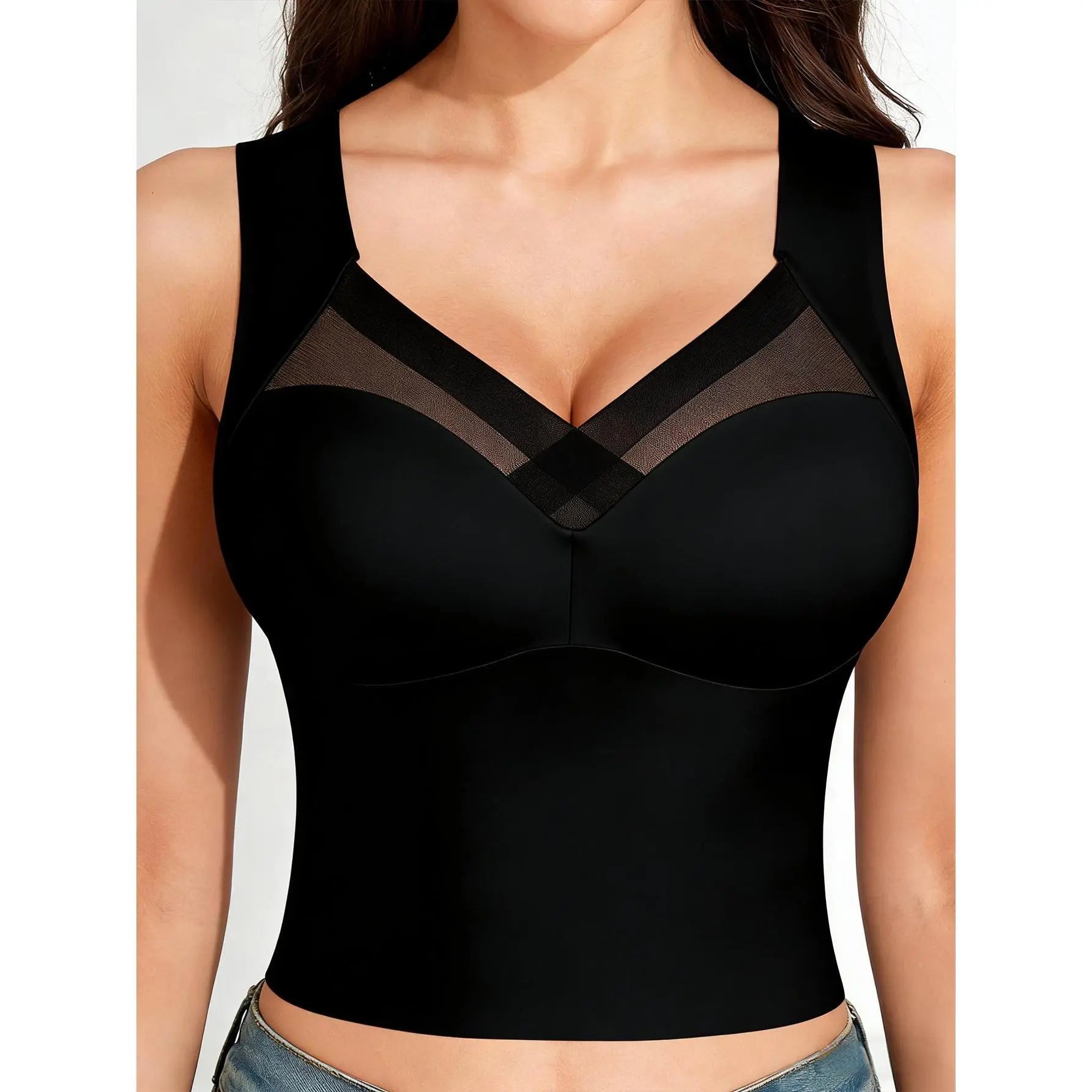 Esselegance Women's Luxury Seamless Longline Bra - Sophisticated Mesh Plunge V-Neck Wirefree Bralette - Premium Smoothing Shapewear Crop Top with Built-In Support - Elegant Wide Strap Push-Up Everyday Camisole - Invisible High-End Essentials
