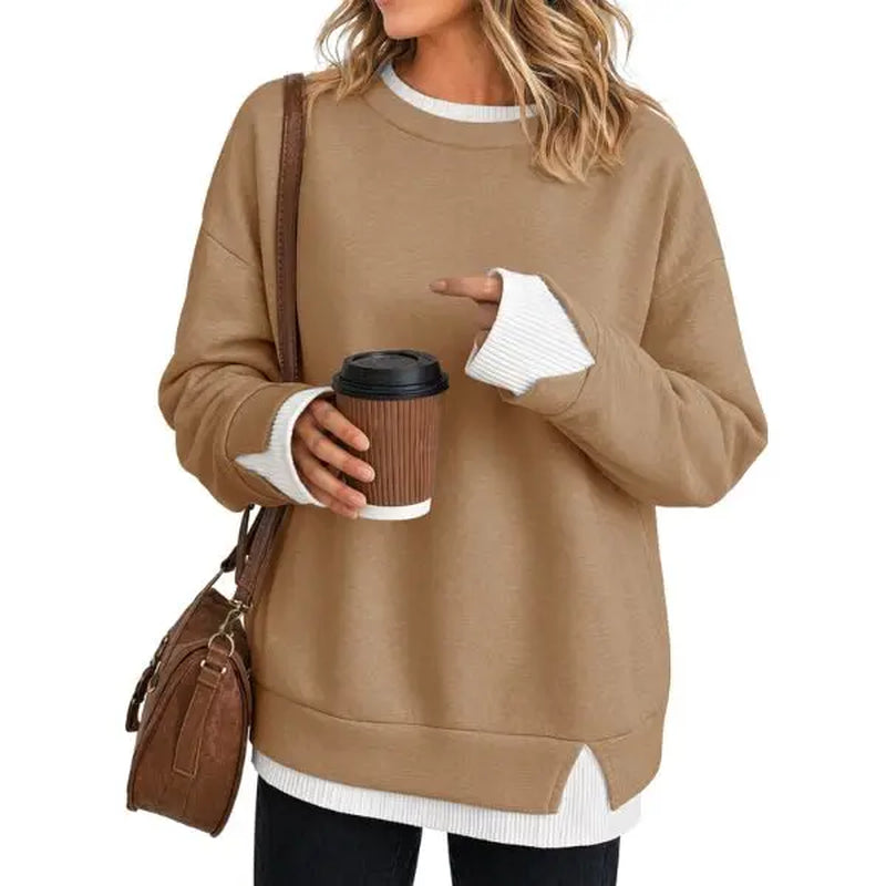 Fisoew Women's Oversized Layered Sweatshirt with Crew Neck and Ribbed Cuffs, Casual Drop Shoulder Pullover Hoodie