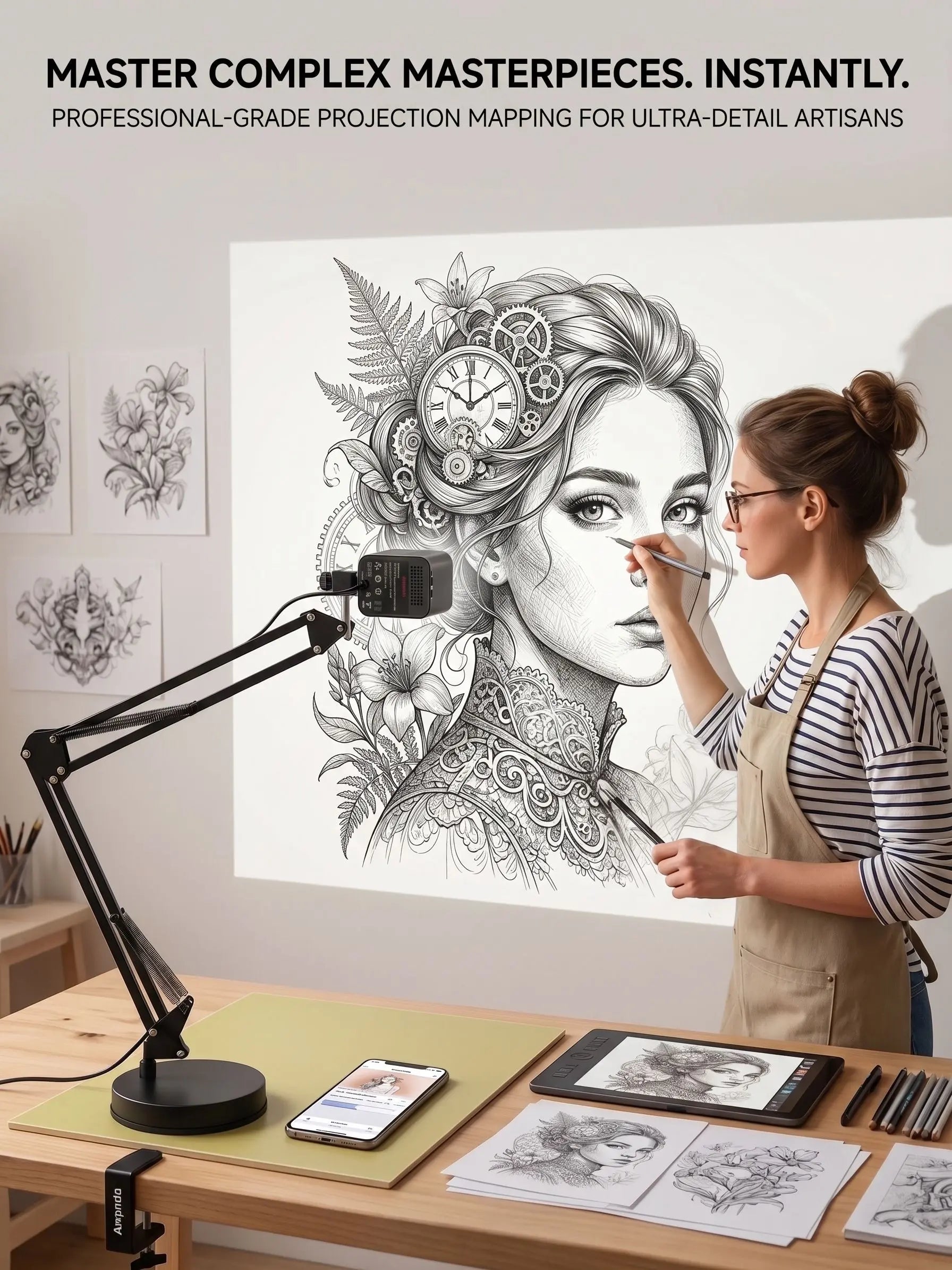 Art Tracing Projector with 360° Adjustable Arm - User-Friendly Digital Drawing Tool for Sketching, Painting, Wall Murals, and Cookie Decoration