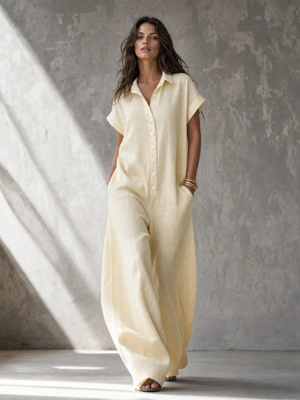 Women's Casual Loose-Fitting Button-Up Jumpsuit with Short Sleeves and Wide Leg Design for Summer